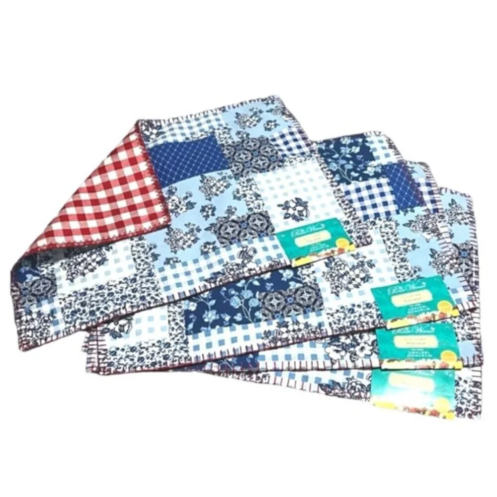 Pioneer Woman Heritage Patchwork Cotton Placemat Reversible Plaid Blue Red 4 PC
